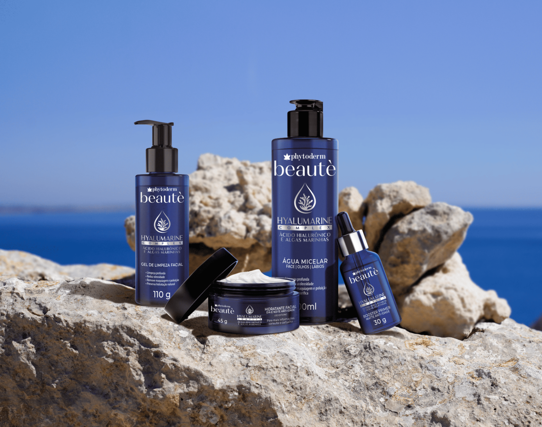 Linha Phytoderm Beauté em rochas à beira-mar